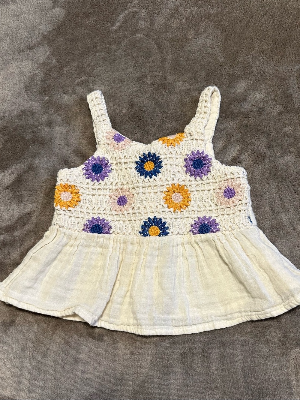Zara Girls Crochet Tank Top in Cream with Purple, Blue & Yellow Flowers